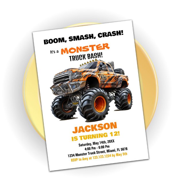Dark Orange Monster Truck Birthday Invitations (Dark Orange Monster Truck Birthday Invitations)