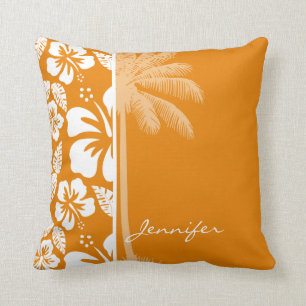 Dark Orange Tropical Hibiscus; Summer Palm Cushion