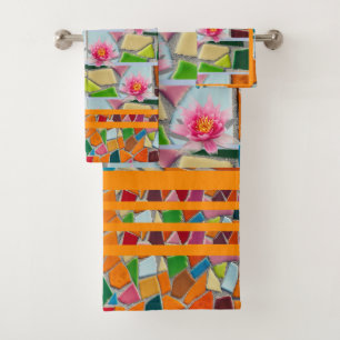 Dark Orange Water Lily w/ Mosaic Pattern Bath Towel Set