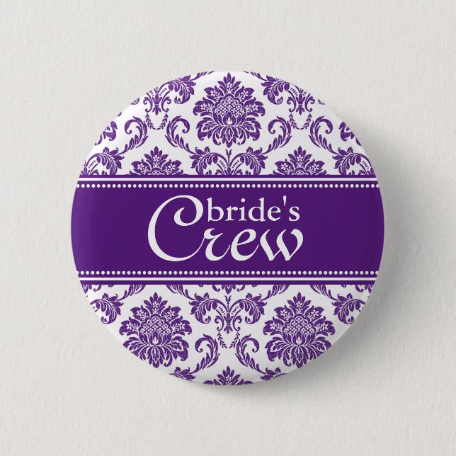 Dark Orchid Damask Bride's Crew Button (Front)