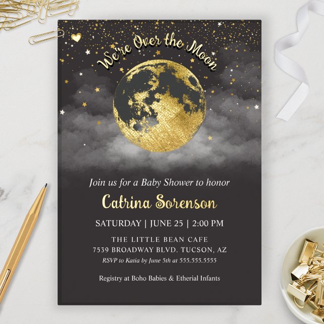 Dark Over the Moon Gold Gender Neutral Baby Shower (Elegant Black and Gold Over the Moon and Stars Celestial Baby Shower Invitation)
