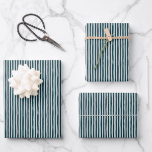 Dark Peacock Blue & Light Gray Wonky Stripes Wrapping Paper Sheet