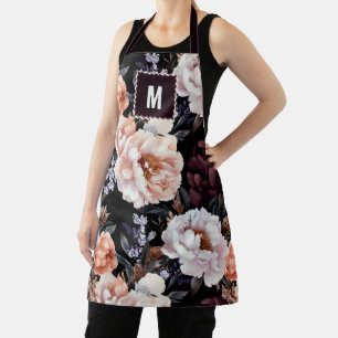 Dark Peonies Floral Pattern   Monogram Apron