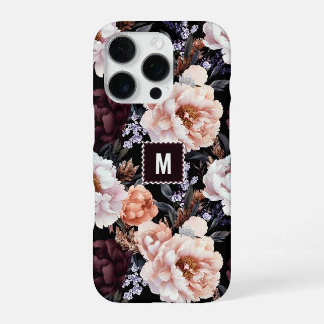 Dark Peonies Floral Pattern | Monogram iPhone Case (Back)