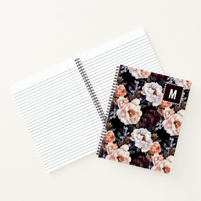 Dark Peonies Floral Pattern | Monogram Notebook (Inside)