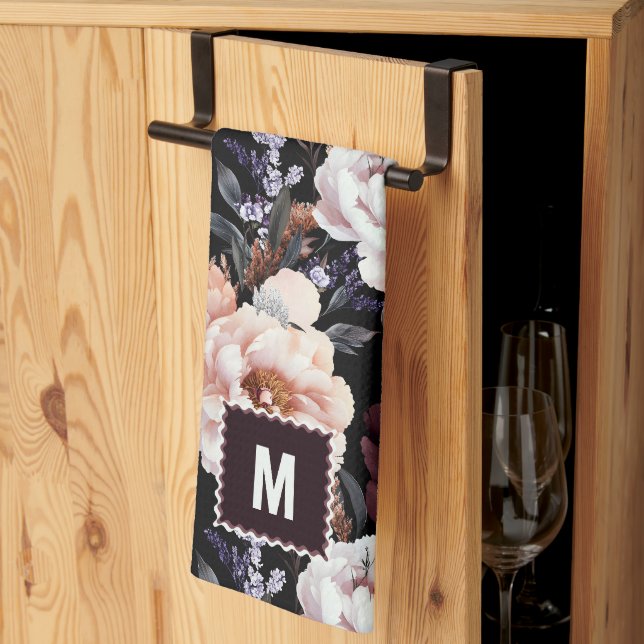 Dark Peonies Floral Pattern | Monogram Tea Towel (Thirds Fold)