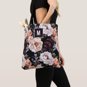 Dark Peonies Floral Pattern   Monogram Tote Bag