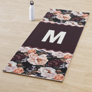 Dark Peonies Floral Pattern   Monogram Yoga Mat