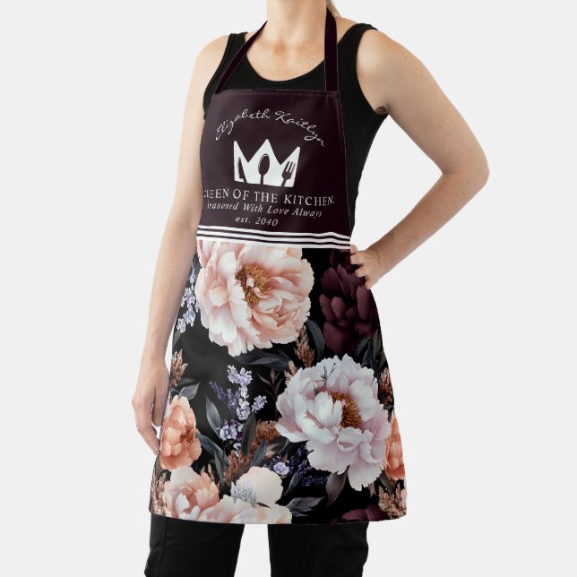 Dark Peonies Floral Pattern | Queen of the Kitchen Apron (Insitu)