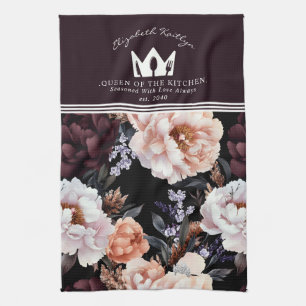 Dark Peonies Floral Pattern   Queen of the Kitchen Tea Towel