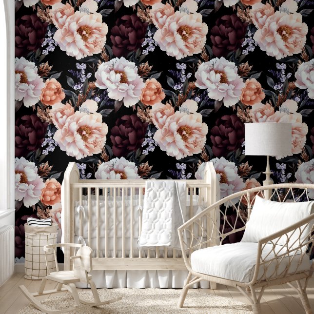 Dark Peonies Floral Pattern Wallpaper (Kids)