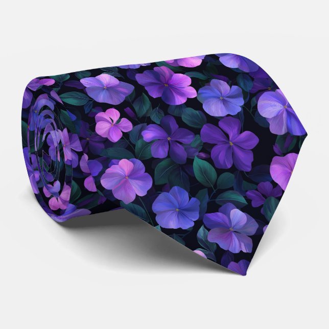 Dark Periwinkle Floral Pattern Tie (Rolled)