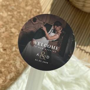 Dark Photo Gold Ampersand Wedding Welcome Favour Classic Round Sticker