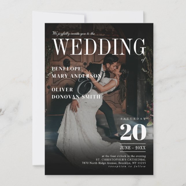 Dark Photo Magazine News Paper Elegant Wedding Invitation (Front)