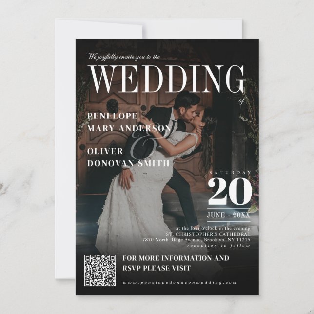Dark Photo Magazine QR Code Elegant Boho Wedding Invitation (Front)