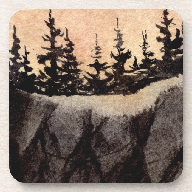 Dark pines on rugged cliff with greyed pink sky coaster (Front)