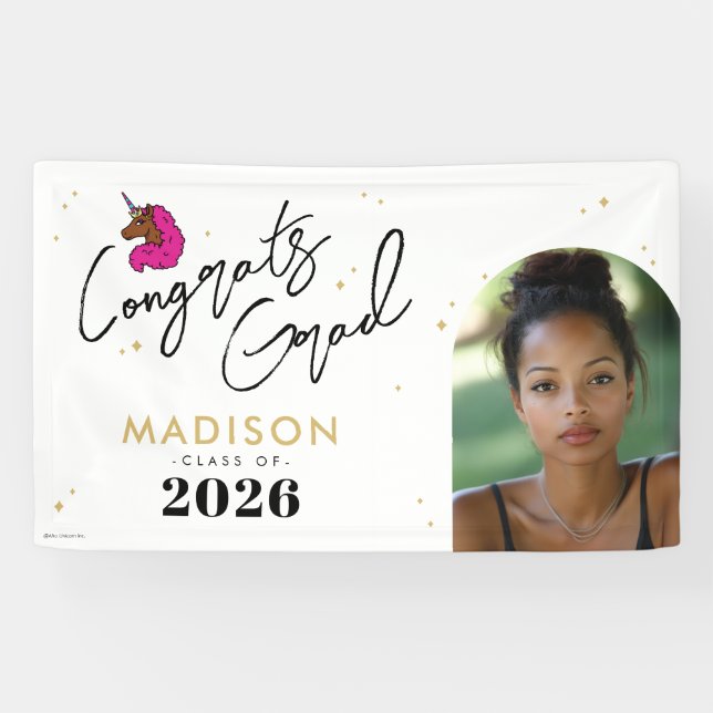 Dark Pink Afro Unicorn Graduation Banner (Horizontal)
