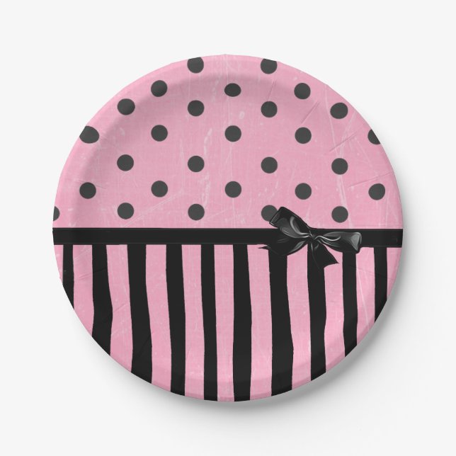 Dark Pink and Black Polka Dot Striped  Paper Plate (Front)