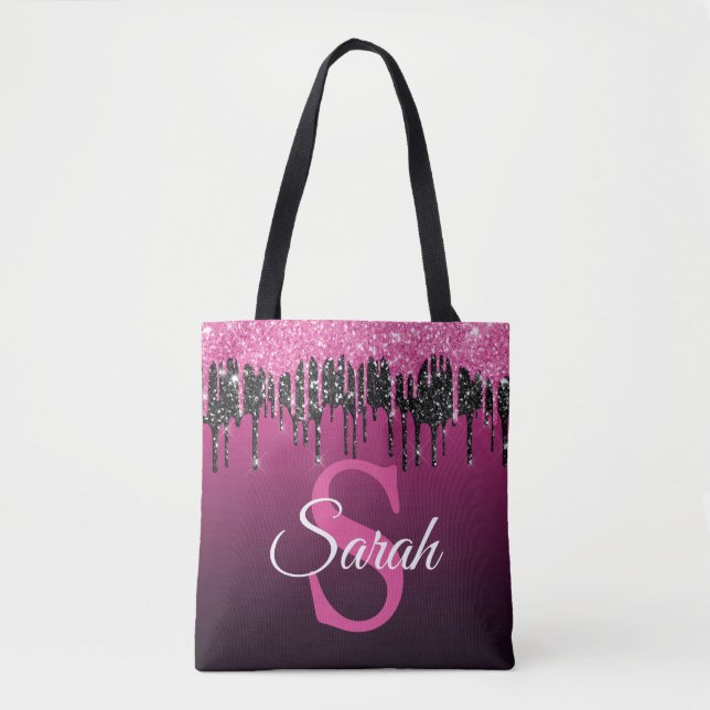 Dark Pink Black Glitter Monogram Modern Luxury Tote Bag (Front)