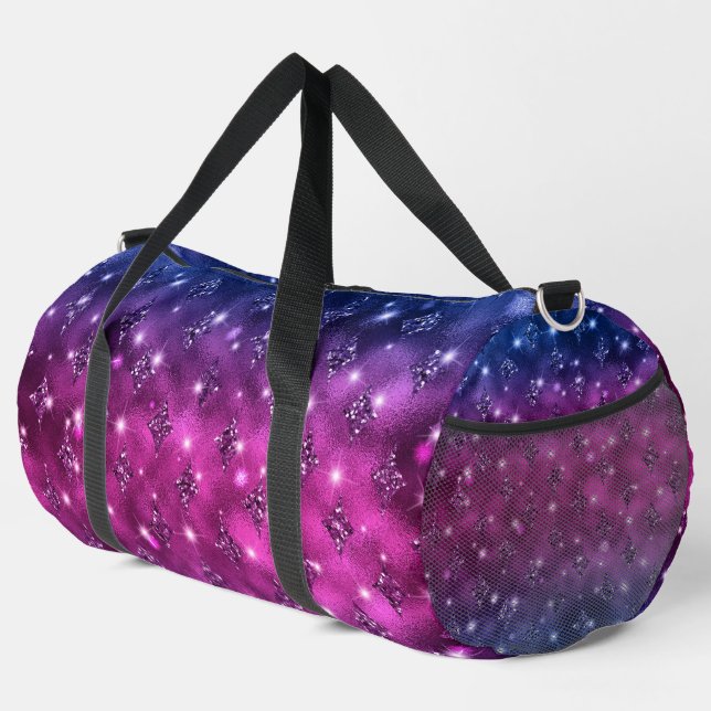 DARK PINK & BLUE DIAMOND GLITTER LOOK  DUFFLE BAG (Right Corner)