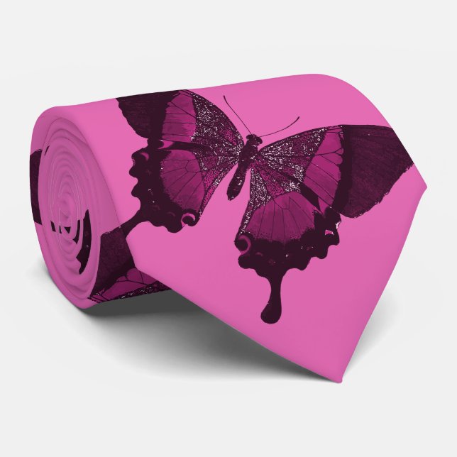 Dark pink butterfly with pink rose backround tie (Rolled)