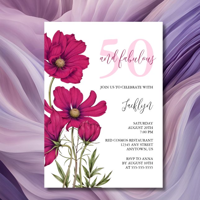Dark Pink Cosmos Floral Greenery Birthday Invitation (Creator Uploaded)
