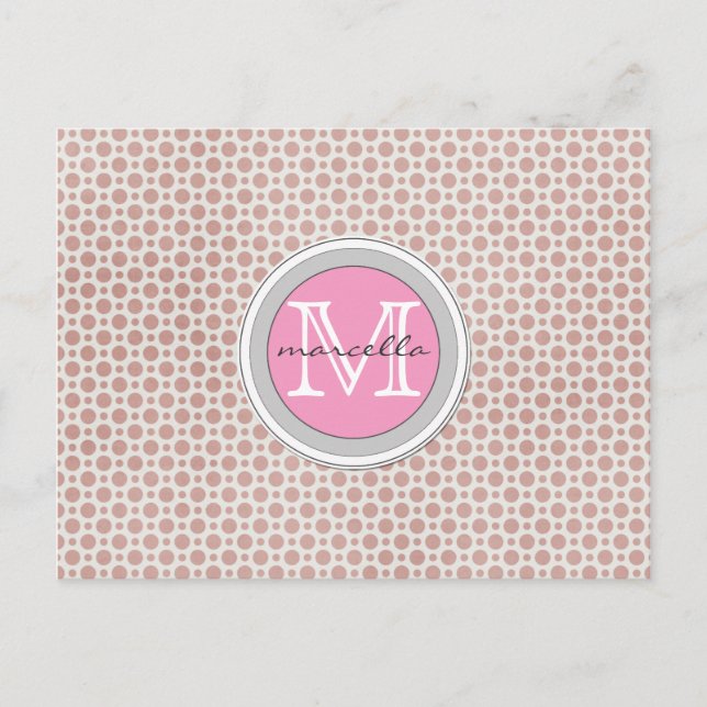 dark pink dots bright pink monogram postcard (Front)