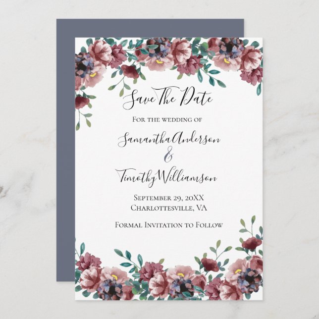 Dark Pink Dusty Rose Blue Green Eucalyptus Floral  Save The Date (Front/Back)