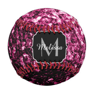 Dark pink faux glitter sparkle Monogram name Baseball