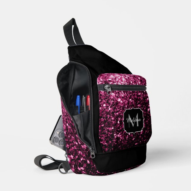 Dark pink faux glitter sparkles Black Monogram Sling Bag (Open)