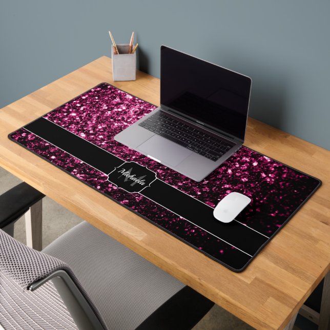 Dark pink faux glitter sparkles Monogram Desk Mat (Office 2)