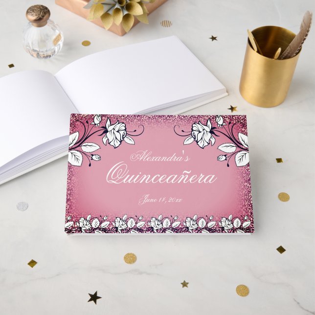 Dark Pink Faux Glitter White Rose Quinceanera Guest Book (Front Open)