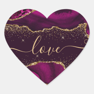 Dark Pink & Faux Gold Glitter Agate Valentine's Heart Sticker