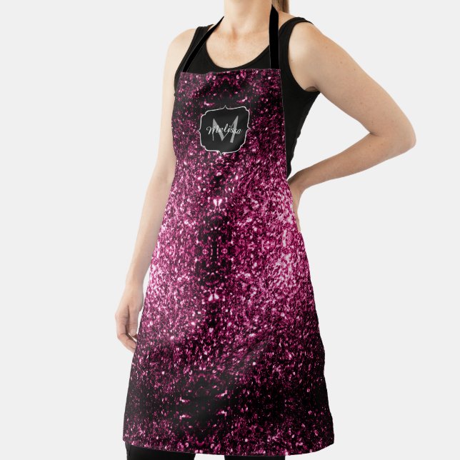 Dark Pink faux shiny glitter sparkles Monogram Apron (Insitu)