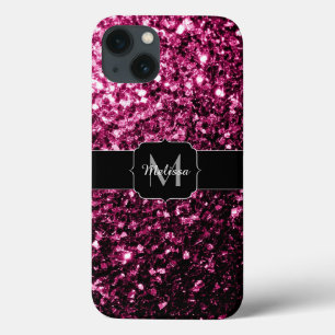 Dark Pink faux shiny glitter sparkles Monogram iPhone 13 Case