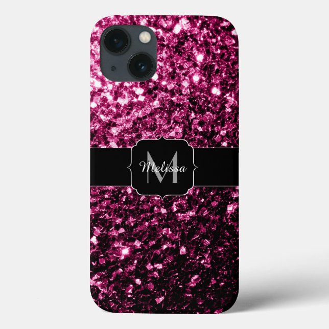 Dark Pink faux shiny glitter sparkles Monogram Case-Mate iPhone Case (Back)