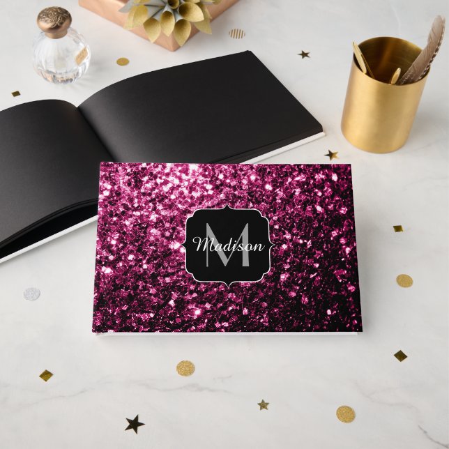 Dark Pink faux shiny glitter sparkles Monogram Guest Book (Front Open)