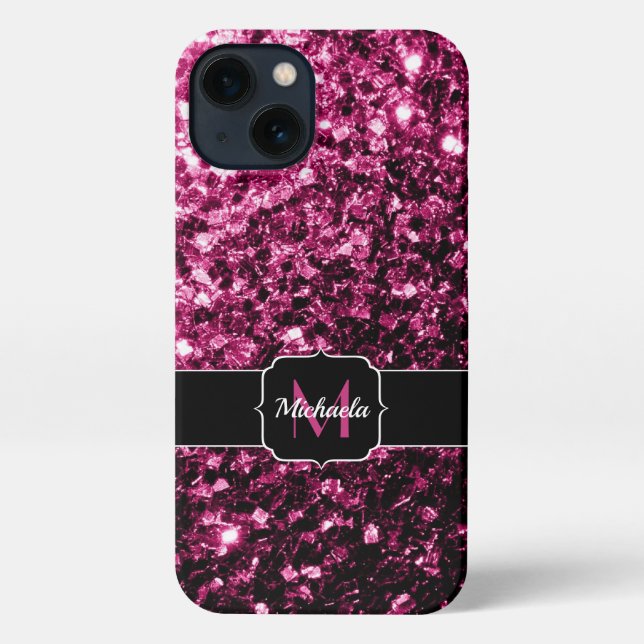 Dark Pink faux shiny glitter sparkles Monogram iPhone Case (Back)