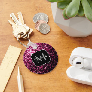 Dark Pink faux shiny glitter sparkles Monogram Key Ring