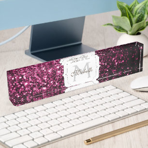 Dark Pink faux shiny glitter sparkles Monogram Nameplate