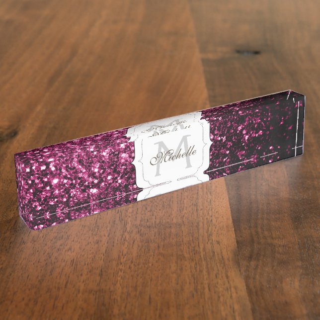 Dark Pink faux shiny glitter sparkles Monogram Nameplate (Side)