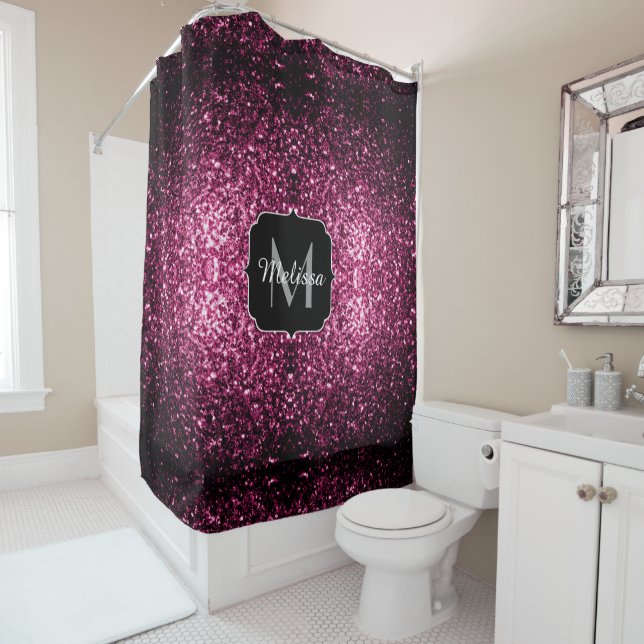 Dark Pink faux shiny glitter sparkles Monogram Shower Curtain (In Situ)