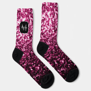 Dark Pink faux shiny glitter sparkles Monogram Socks