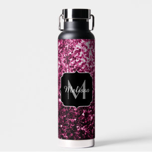 Dark Pink faux shiny glitter sparkles Monogram Water Bottle