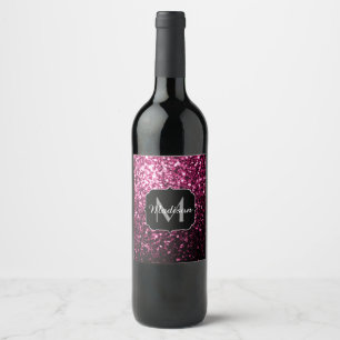 Dark Pink faux shiny glitter sparkles Monogram Wine Label