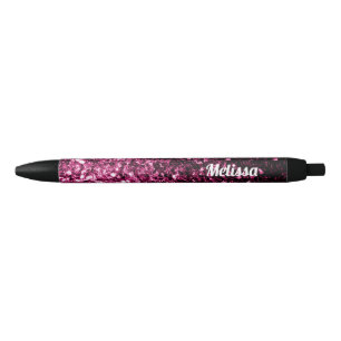 Dark Pink faux shiny glitter sparkles Personalise Black Ink Pen