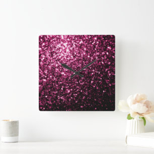 Dark Pink faux shiny glitter sparkles Square Wall Clock