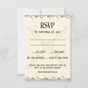 Dark Pink Floral Sword and D20 RPG Inspired RSVP Card