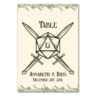 Dark Pink Floral Sword D20 RPG Inspired  Table Number
