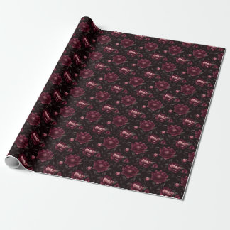 Dark Pink Flowers on Black Wrapping Paper